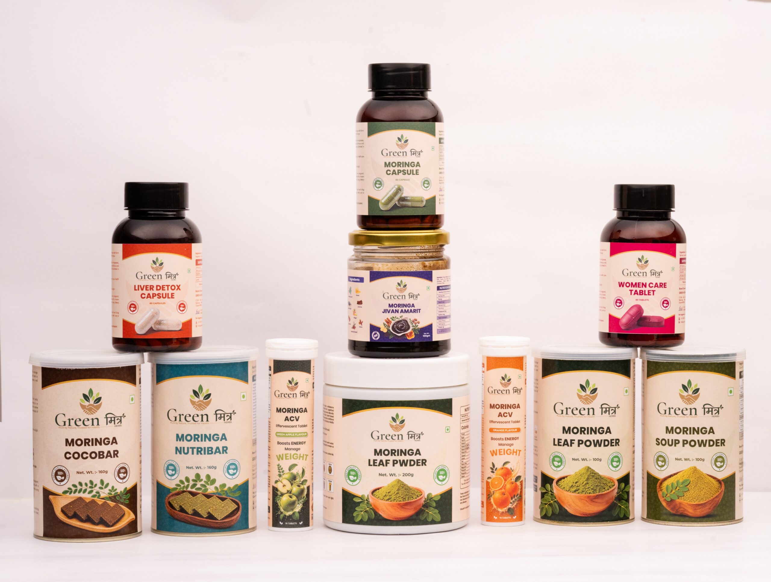 The Green Mitra range: Cocobar, Nutribar, ACV tablets, leaf powder, soup powder, Jivan Amrit, capsules, liver detox and women care